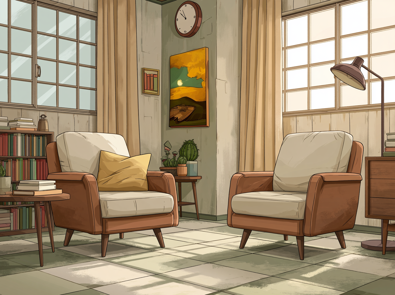 An illustrated therapy room with two armchairs facing each other, a bookshelf and warm light